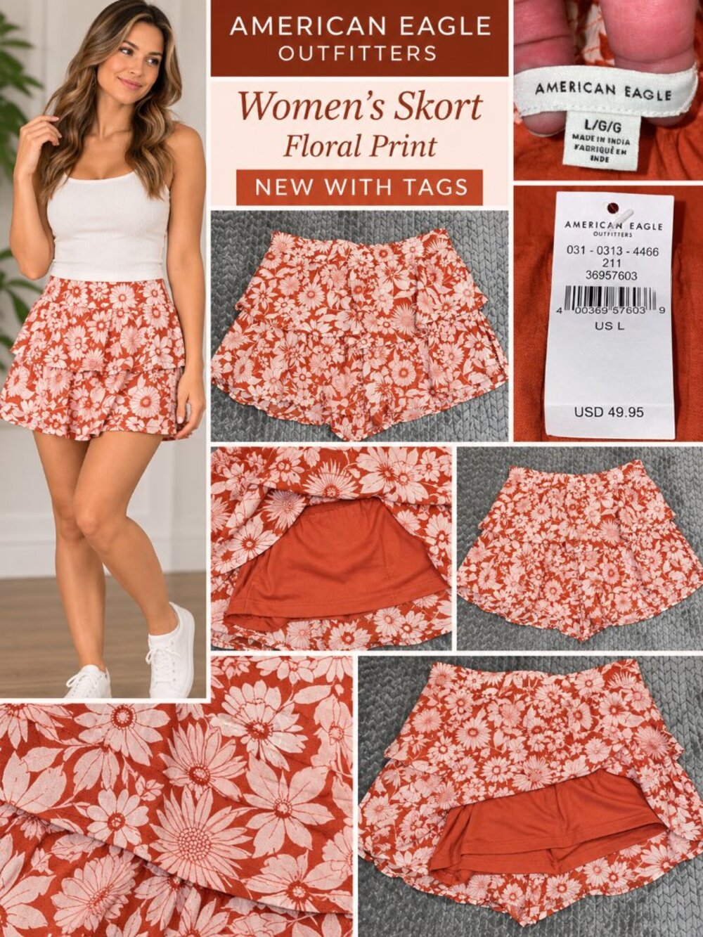 NWT American Eagle Floral Tiered Skort Women’s Large Rust Orange Ruffle